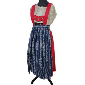 Vintage Austrian Lederhosen Wool Dress w/ White Blouse & Apron Size 38 US 6 Red